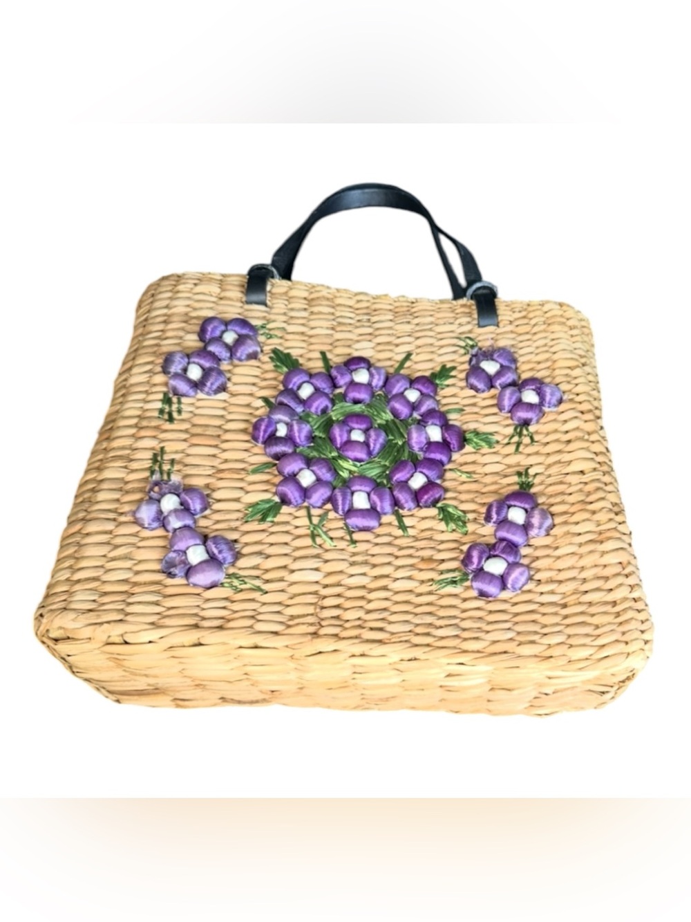 Kate Spade vintage woven straw bag tote floral Applications.